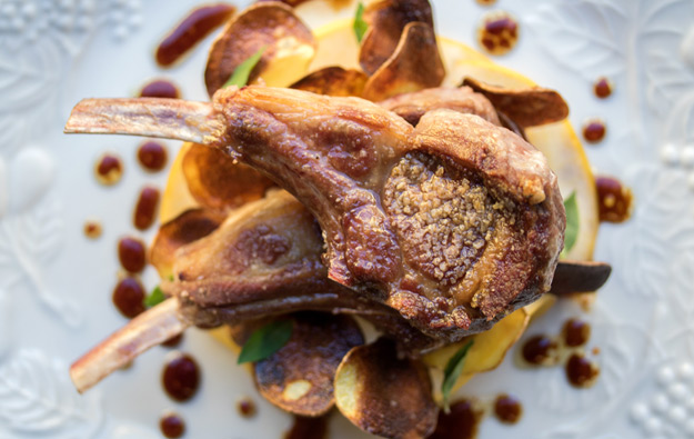 Seared Lamb Chops with Pan-Fried Potato and Apple Chips 