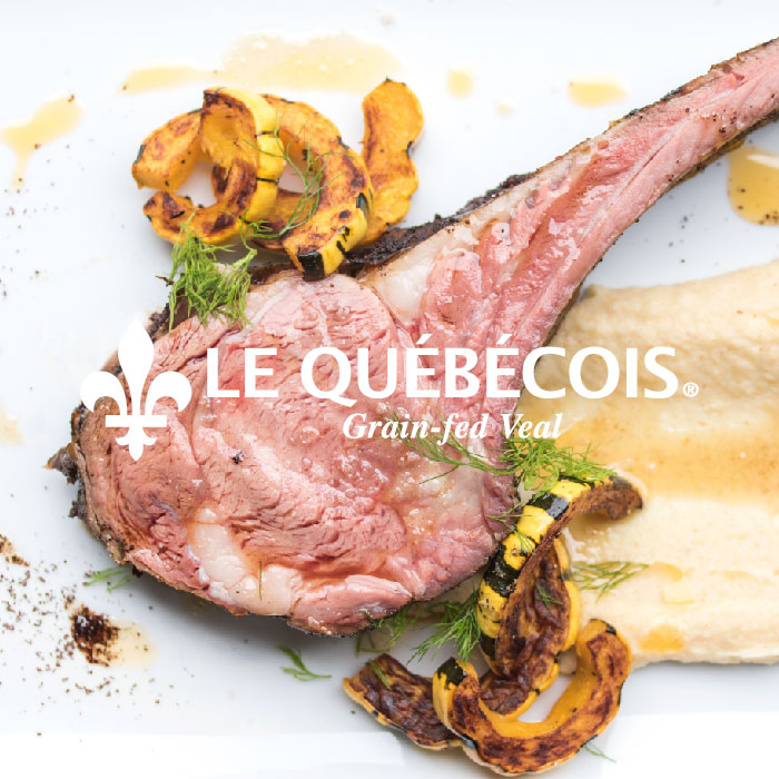 Le Quebecois Grain-fed Veal logo superimposed over a cooked, spice-rubbed veal chop with pureed parsnip, roasted delicata squash, and fennel fronds. 